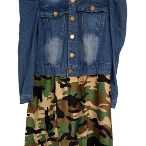 Camouflage Midi Dress with Denim Jacket